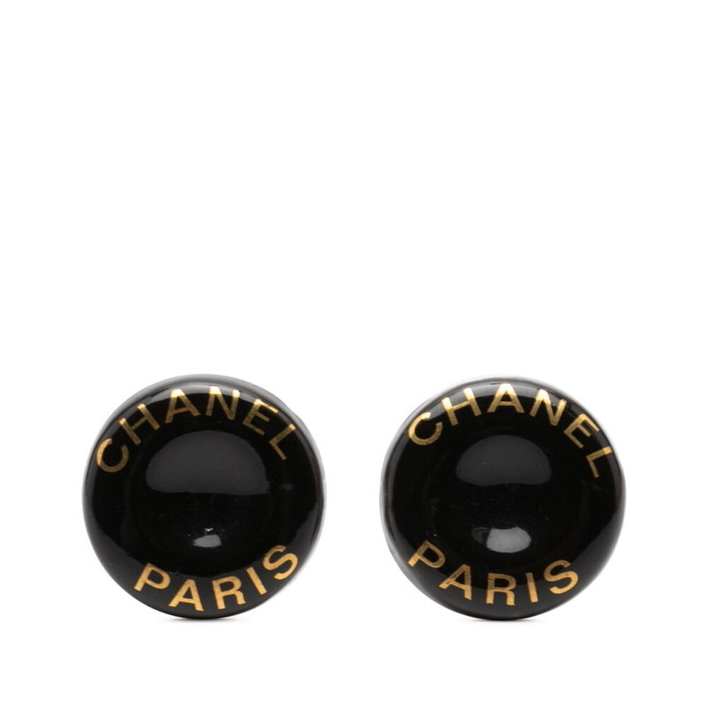 Chanel Logo Earrings, Black Gold Enamel Metal, Women's CHANEL
